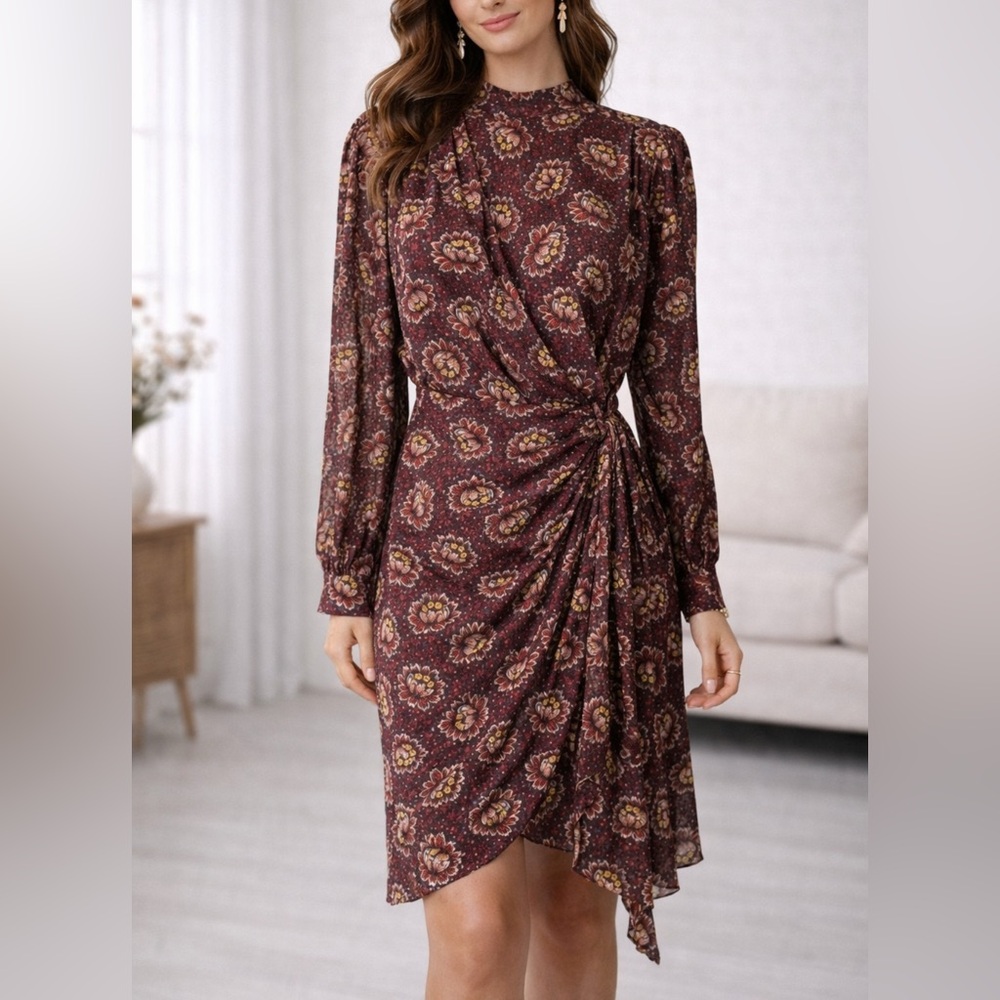 Julian Taylor Dress 10 Paisley Plum Gold Purple Long Sleeve Washable Draped Fall